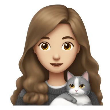 Girl with long brown hair in sweater hugging a british grey and white cat sticker