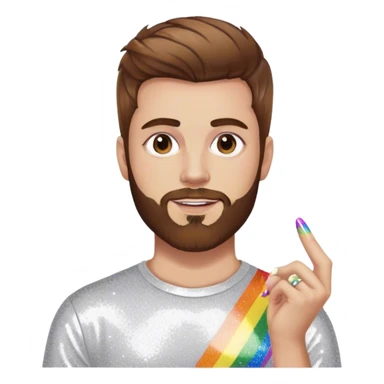 white man with medium length brown hair and short brown beard, very gay pride, add glitter and nail polish sticker