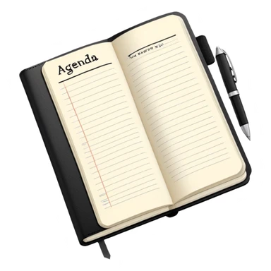 A classic black Moleskine notebook open to show an agenda page with meeting items and bullet points sticker