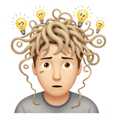 Person with a chaotic mind, swirling tornado of tangled thoughts around their head, containing question marks, light bulbs, and scribbles. The person has a bewildered, overwhelmed expression. sticker