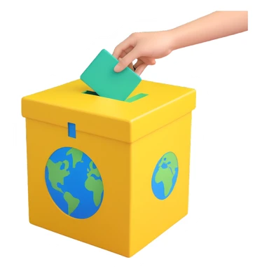 3D illustration of a simplified Earth with green and blue colors halfway inside a warm yellow ballot box, with two hands guiding it, playful style, bold lines, soft textures sticker
