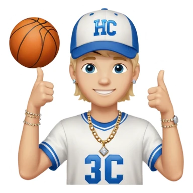 White teenage boy with blonde hair blue eyes has diamond earrings wearing baseball cap that has the letters HC on the front of them, has a basketball chain on, is holding up two thumbs up while smiling sticker