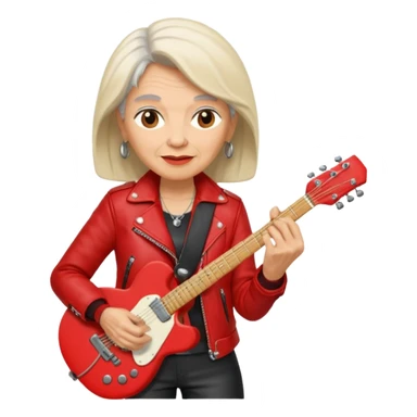 guitar rock player, elder woman head, red jacket sticker
