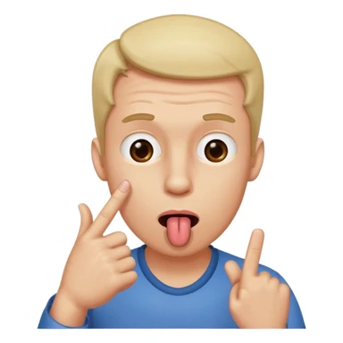 a man posing with his tongue out and index finger on his forehead and thumb beside his mouth sticker