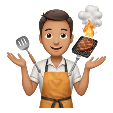 A cheerful man in an apron flipping meat on a sizzling grill with smoke puffing upward. sticker