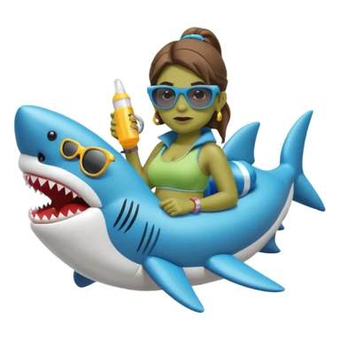 orc female sitting in an inflatable floatie shaped like a shark, wearing oversized sunglasses and a whistle on a neck cord, 2d sticker