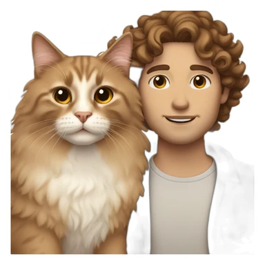 White man with brown curly hair, brown eyes, thick eyebrows, sharp jawline, bigger nose holding Ragdoll cat sticker