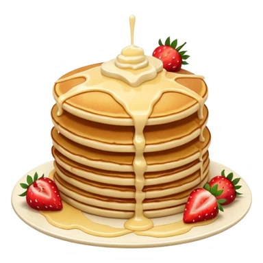a stack of pancakes with melted white chocolate drizzle and strawberries sticker