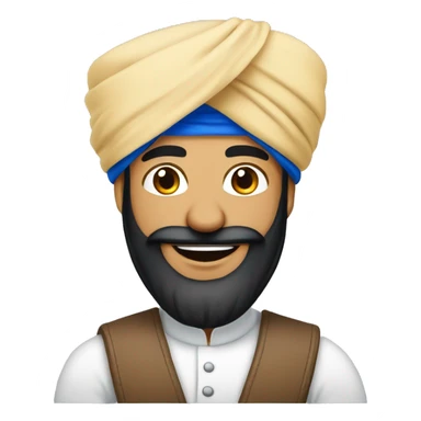 Cheerful Sikh man emoji with a blue turban is plane , friendly smile, kind eyes, black beard, minimalistic cartoon style, plain background. sticker