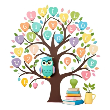 Create 10 minimalist cartoon-style Telegram emojis. Themes: learning, growth, creativity, children’s joy. Include: smiling book, number tree, heart-shaped paints, owl teacher. Colors: pastel with bright accents. No text or tiny details. Keep designs kind and motivational sticker