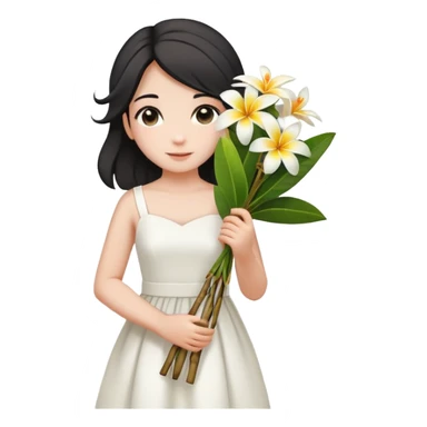  A girl with a black half-up half-down hairstyle, and a white dress, enjoying the spring breeze.Holding a bundle of frangipani sticker