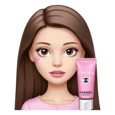 Barbie girl a brown long Straight hair and brown eyes is In pale pink smears by hand cosmetic cream Chanel on her face sticker