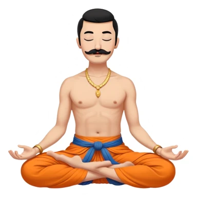 сossack with bold head, very long 15 inch black mustache, lock of black hair sprouting from the top of the shaven head, meditating bare torso with closed eyes in lotus pose in long orange indian dhoti covering the legs sticker