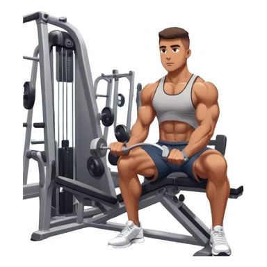 A focused athlete working out on a strength training machine in a modern gym. Muscles engaged, expression determined, demonstrating power and endurance. The gym is filled with equipment like dumbbells, barbells, and mirrors reflecting effort, creating a high-energy atmosphere. sticker