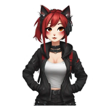 Gorgeous gothic dark techwear anime style anthro cat with blushing face aesthetic and pretty edgy black red punk messy ponytail hair with collar and harness trending style sticker