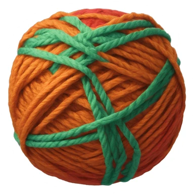 A ball of yarn with the thread colors green (#0DC09D), orange (#F18046 ), blue (#FA6863 ) and red (#3D95FD sticker