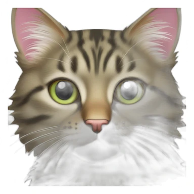 cat Tabby (Mainly black and brown) fluffy cat pink-nose light-green-eyes,-white-long-whiskers,-white-spots-near-the-nose,Sharp with distinct lines,Whiskers Very long sticker