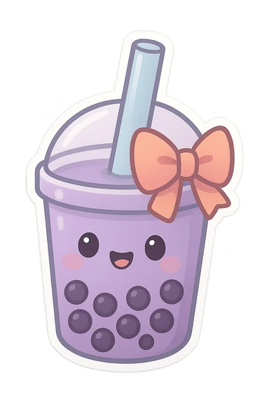 purple bubble tea with a bow, cute and exaggerated chibi sticker style sticker