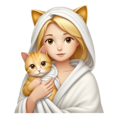 Fair skin - beautiful girl - just finished taking a shower - wrapped in a white blanket holding a golden gradient cat sticker