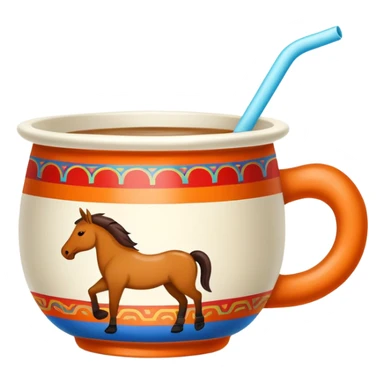 Mongolian milk tea bowl with horse-shaped handle, simplified emoji style with bold outlines and bright colors, cartoon style traditional nomadic drink sticker