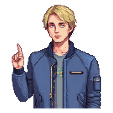 Flat pixel art, confident male leader, Caucasian, short neat blonde hair, sharp eyes, indigo jacket, one arm raised gicing direction, waist-up, front-facing sticker