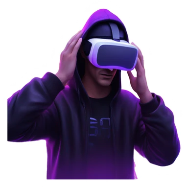 Russian man wearing a black hoodie with "OMG" letters on it and VR headset in a cyberpunk VR environment with violet neon lighting. sticker
