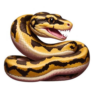 A photo-realistic digital illustration of a Ball Python, large headshot portrait. The snake has a short, rounded snout, smooth contours, and a wide, slow yawn exposing its soft pink mouth. Its head is warm brown with bold, irregular dark markings, including the signature “alien-head” pattern. sticker