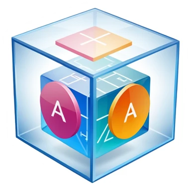 An icon featuring a transparent cube with geometric sections and mathematical calculations, symbolizing the study of mathematics. The design includes algebraic formulas, graphs, and mathematical symbols, representing advanced mathematical concepts and problem-solving. Transparent background sticker