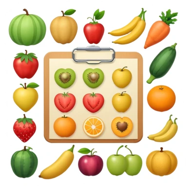 Emoji of checklist with healthy food icons, nutrition planning, flat minimal emoji, pastel colors sticker