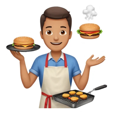 A cheerful man in an apron flipping burgers on a sizzling grill with smoke puffing upward. sticker
