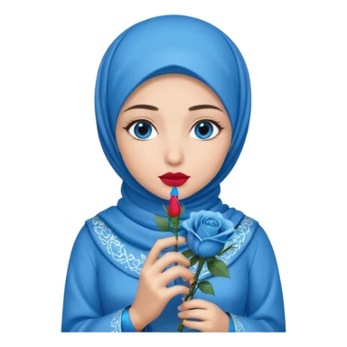 Turkish beautiful finish Konya girl blue eyes with blue hijab islamic dress and had on her hand blue rose design lipstick and hold it sticker