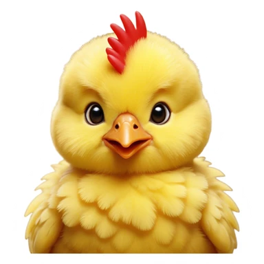 Cinematic Cute Yellow Baby Chicken Portrait Emoji, Head tilted playfully and inquisitively, featuring a fluffy, vibrant yellow downy coat with a tiny red comb, round, sparkling beady eyes filled with curiosity, Simplified yet irresistibly adorable features, highly detailed, glowing with a warm, friendly glow, high shine, affectionate and lively, stylized with a touch of playful whimsy, bright and endearing, soft glowing outline, capturing the essence of a mischievous yet loving chick, so playful it feels like it could peep out of the screen and into your arms! sticker