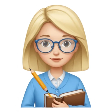 cute girl, glass, smart, Sky-blue colored clothing,
holding a book in one arm and a pen in the other hand.Holding a pen in the right hand as if teaching.Wearing glasses, with a smart and bright-looking face. sticker