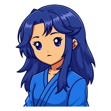 head portrait of anime girl with long dark blue hair, blue rose in hair, intense glaring blue eyes, dramatic JoJo's Bizarre Adventure style expression, sharp angular features, extreme close-up, dynamic pose sticker