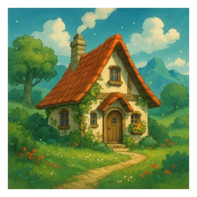 a cozy cottage in a magical landscape, ghibli style sticker