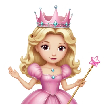 Glinda the Good Witch with blonde hair, sparkly crown, pink puffy dress, and magic wand sticker