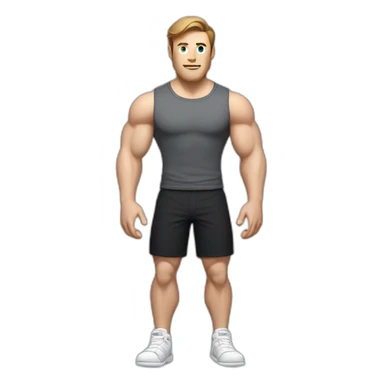 Full height Actively gesturing with hands Pale skinned Fit Man With the biceps and brown hair in dark gray Sleeveless Mike, black oversize sports shorts and white Sneakers sticker