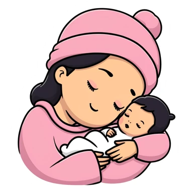 mother tenderly holding sleeping newborn baby wearing pink knit hat sticker