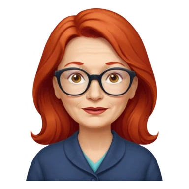 obese; older 50's ; long red hair ; women hazel eyes; glasses sticker