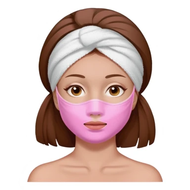 A woman with brown hair, a white towel wrapped around her head. Her face is covered with a pink skincare mask applied to the T-zone and cheeks sticker