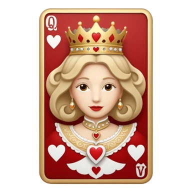 a playing beige and white card depicting the Queen of Hearts in gold sticker