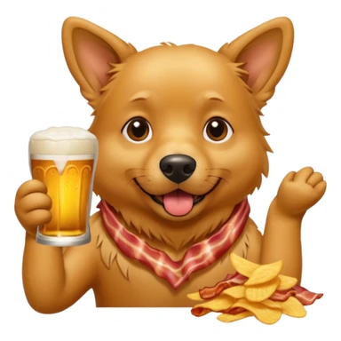 A realistic Dog eating chips and drinking beer on a piece of bacon sticker