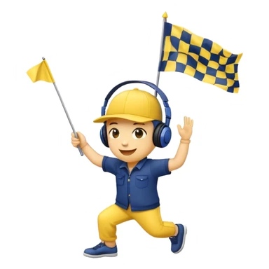 I want a yellow circle emoji (not a human emoji) holding a yellow and navy blue checkered flag in both hands, wearing a yellow and navy blue hat, dancing, smiling, and listening to music (with headphones or music notes visible).” sticker