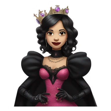  longstanding flirty Lavish black evening gown with see-through gloves, Jenna Ortega as Addams woman prom queen wearing a steampunk mini tiara, very large blood  pink evil-looking horned old dragon purse sticker
