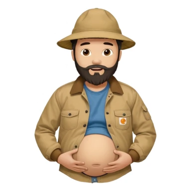 Bearded man rubbing pregnant belly poking out of shirt wearing a tan canvas carhartt jacket with a stereotypical large chinese hat on and buck teeth sticker
