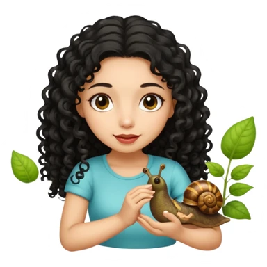 Pretty Latina girl with long black curly hair. She is playing with her cute garden snail.  sticker