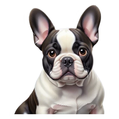 Cinematic Noble Pied French Bulldog Portrait Emoji, Radiating regal yet playful charm, with a distinctive pied fur of contrasting hues and a sculpted, expressive face featuring gentle, wise eyes and a confident stance, simplified yet artistically detailed, glowing with a soft, sophisticated radiance, high shine, exuding intelligent nobility and refined flair, soft glowing outline, capturing the essence of a noble Pied French Bulldog that embodies both strength and grace! sticker