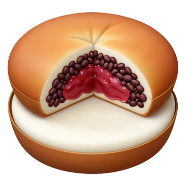 A soft round mochi cut in half, showing the filling inside (red bean paste or pink/white filling), outer layer is white and slightly stretchy-looking, smooth and pillowy texture, simple flat design style, centered on transparent background.
 sticker