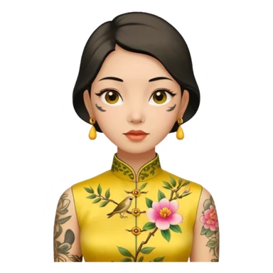 ancient woman with tatooed on neck and face and yellow cheongsam sticker