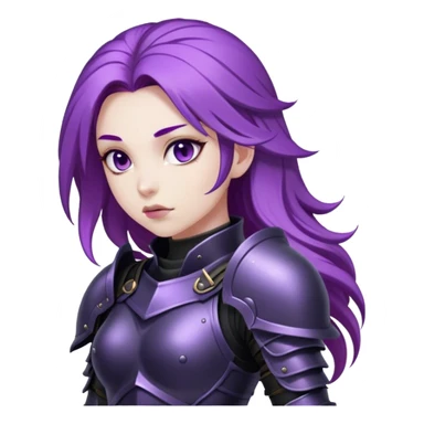 A mysterious warrior girl with flowing purple hair, dressed in black armor. sticker